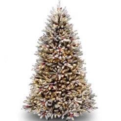 Full-National Tree Company Pre-Lit Artificial Full Christmas Tree, Green, Dunhill Fir, White Lights, Includes Stand, 6.5 Feet