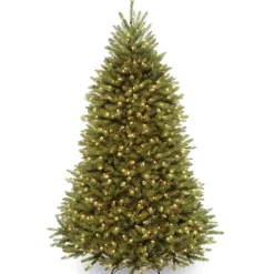 Full-National Tree Company Pre-Lit Artificial Full Christmas Tree, Green, Dunhill Fir, White Lights, Includes Stand, 6.5 Feet