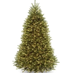 Full-National Tree Company Pre-Lit Artificial Full Christmas Tree, Green, Dunhill Fir, White Lights, Includes Stand, 7 Feet