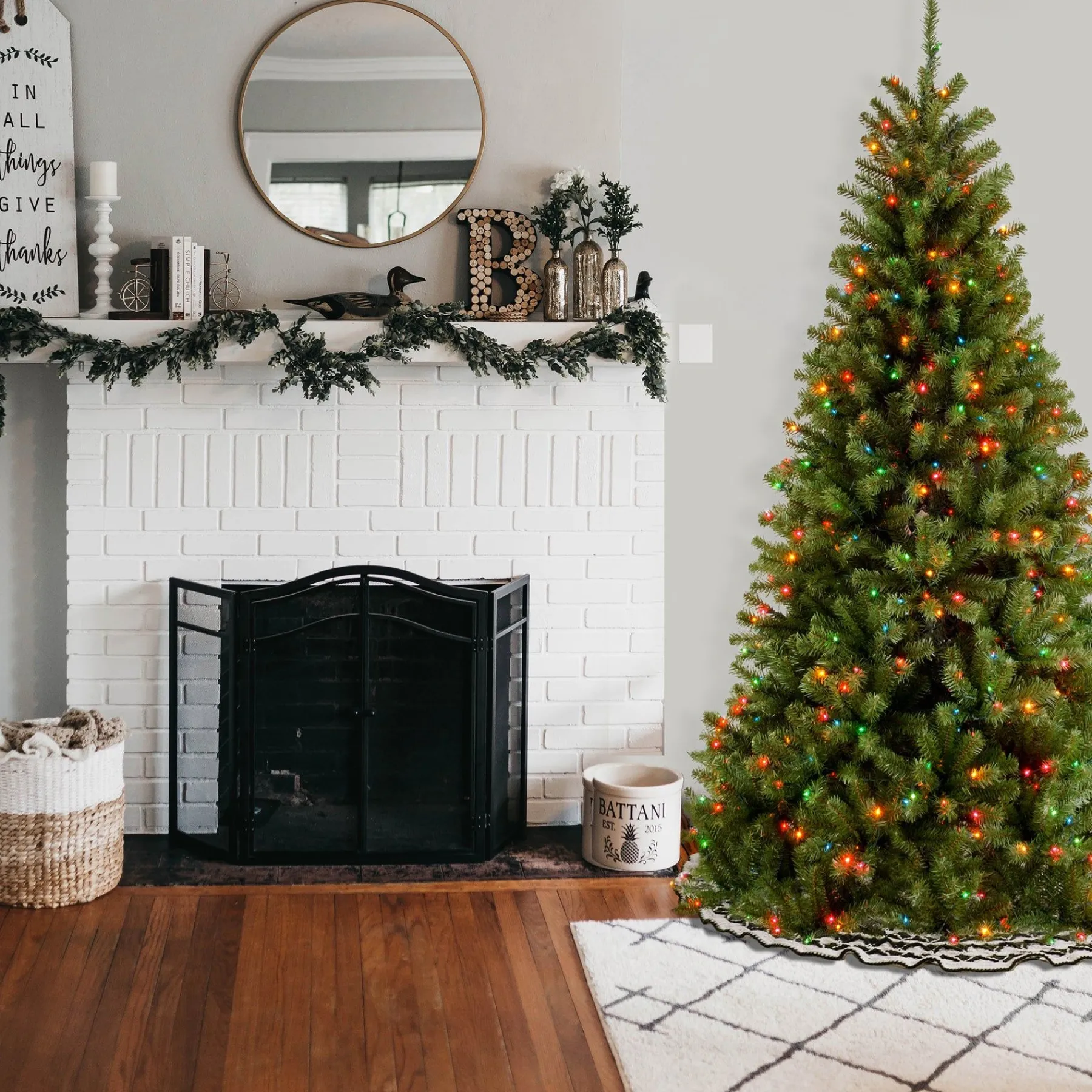 Full-National Tree Company Pre-Lit Artificial Full Christmas Tree, Green, North Valley Spruce, Multicolor Lights, Includes Stand, 6.5 Feet