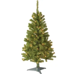 Full-National Tree Company Pre-Lit Artificial Full Christmas Tree, Green, Canadian Fir Grande, White Lights, Includes Stand, 4 Feet