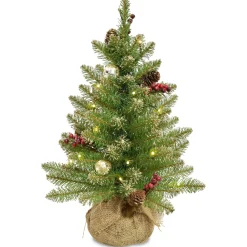 5Ft - 6Ft-National Tree Company Pre-Lit Artificial Full Christmas Tree, Glittery Gold, Dunhill Fir, White Lights, Decorated With Pine Cones, Berry Clusters, Frosted Branches, Includes Burlap Base, 2 Feet