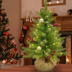 Full-National Tree Company Pre-Lit Artificial Full Christmas Tree, Glittery Gold, Dunhill Fir, White Lights, Decorated With Pine Cones, Berry Clusters, Frosted Branches, Includes Burlap Base, 2 Feet