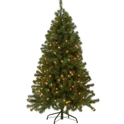 Full-National Tree Company Pre-Lit Artificial Full Christmas Tree, Green, North Valley Spruce, White Lights, Includes Stand, 5 Feet