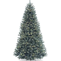 Full-National Tree Company Pre-Lit Artificial Full Christmas Tree, Blue, North Valley Spruce, White Lights, Includes Stand, 9 Feet