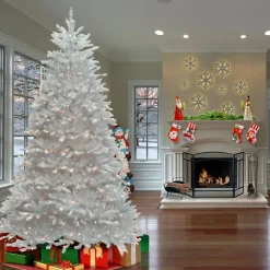 Full-National Tree Company Pre-Lit Artificial Full Christmas Tree, White, Dunhill Fir, White Lights, Includes Stand, 9 Feet