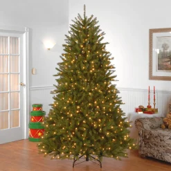 Full-National Tree Company Pre-Lit Artificial Full Christmas Tree, Green, Dunhill Fir, Dual Color Led Lights, Includes Stand, 9 Feet