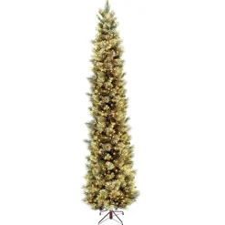 Clear-National Tree Company Pre-Lit Artificial Giant Slim Christmas Tree, Green, Carolina Pine, White Lights, Flocked With Pine Cones, Includes Stand, 12 Feet