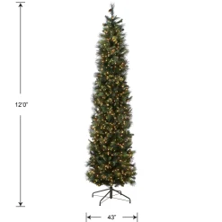 Clear-National Tree Company Pre-Lit Artificial Giant Slim Christmas Tree, Green, Carolina Pine, White Lights, Flocked With Pine Cones, Includes Stand, 12 Feet