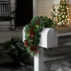 Christmas Greenery-National Tree Company Pre-Lit Artificial Mailbox Swag Decoration, Green, Colonial Fir, Led Lights, Decorated With Pine Cones, Berry Clusters, Christmas Collection, 3 Feet