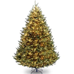 National Tree Company Full^Pre-Lit Artificial Medium Christmas Tree, Green, Natural Fraser Fir, White Lights, Includes Stand, 9 Feet