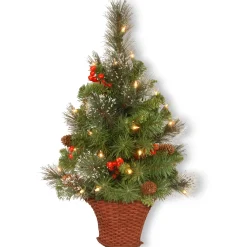 Slim-National Tree Company Pre-Lit Artificial Mini Christmas Tree, Green, Crestwood Spruce, White Lights, Decorated With Pine Cones, Berry Clusters, Frosted Branches, Includes Wicker Base, 3 Feet