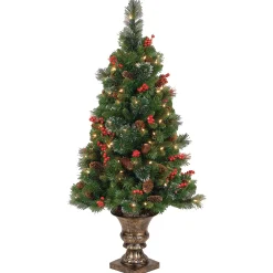 Under 5Ft-National Tree Company Pre-Lit Artificial Mini Christmas Tree, Green, Crestwood Spruce, White Lights, Decorated With Pine Cones, Berry Clusters, Frosted Branches, Includes Pot Base, 4 Feet