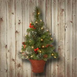 5Ft - 6Ft-National Tree Company Pre-Lit Artificial Mini Christmas Tree, Green, Crestwood Spruce, White Lights, Decorated With Pine Cones, Berry Clusters, Frosted Branches, Includes Wicker Base, 3 Feet