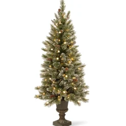 5Ft - 6Ft-National Tree Company Pre-Lit Artificial Mini Christmas Tree, Green, Glittery Bristle Pine, White Led Lights, Flocked With Pine Cones, Frosted Branches, Includes Decorative Urn Base, 4 Feet