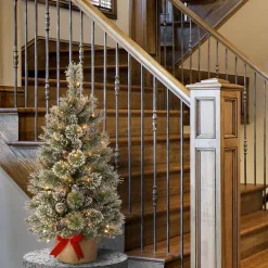 Slim-National Tree Company Pre-Lit Artificial Mini Christmas Tree, Green, Glittery Bristle Pine, White Led Lights, Flocked With Pine Cones, Frosted Branches, Includes Cloth Bag Base, 3 Feet