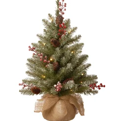 National Tree Company Full^Pre-Lit Artificial Mini Christmas Tree, Green, Dunhill Fir, White Lights, Decorated With Pine Cones, Berry Clusters, Frosted Branches, Includes Cloth Bag Base, 2 Feet