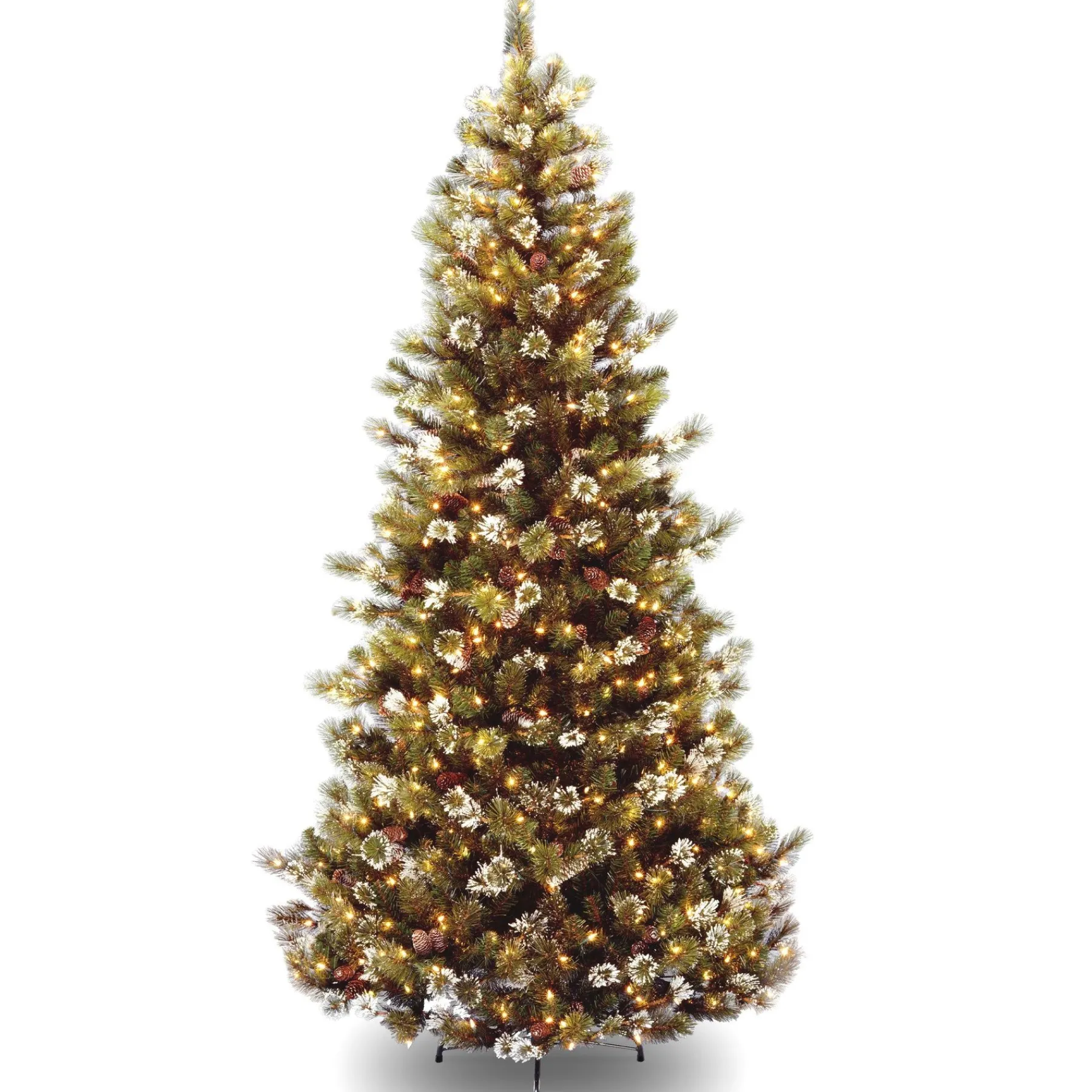 7Ft - 9Ft-National Tree Company Pre-Lit Artificial Slim Christmas Tree, Green, Glittery Bristle Pine, White Lights, Flocked With Pine Cones, Frosted Branches, Includes Stand, 7.5 Feet