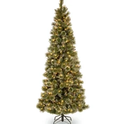 Slim-National Tree Company Pre-Lit Artificial Slim Christmas Tree, Green, Glittery Bristle Pine, White Lights, Includes Stand, 6.5 Feet