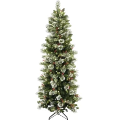 National Tree Company Slim^Pre-Lit Artificial Slim Christmas Tree, Wintry Pine, Green, White Lights, Decorated With Pine Cones, Includes Stand, 7.5 Feet