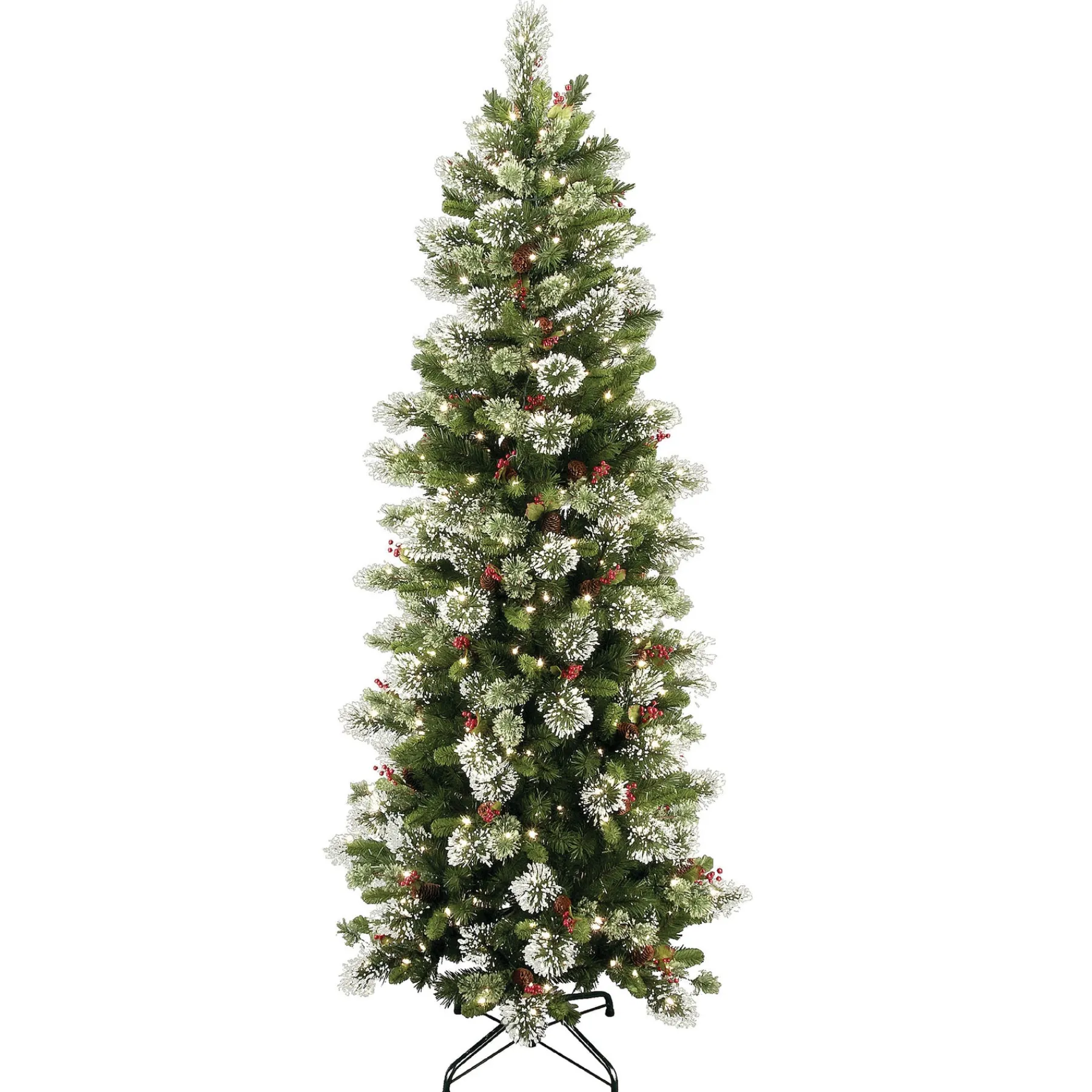 National Tree Company Slim^Pre-Lit Artificial Slim Christmas Tree, Wintry Pine, Green, White Lights, Decorated With Pine Cones, Includes Stand, 7.5 Feet