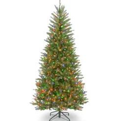 Slim-National Tree Company Pre-Lit Artificial Slim Christmas Tree, Green, Dunhill Fir, Multicolor Lights, Includes Stand, 6.5 Feet