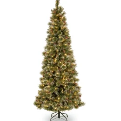 National Tree Company Slim^Pre-Lit Artificial Slim Christmas Tree, Green, Glittery Bristle Pine, White Lights, Includes Stand, 7.5 Feet
