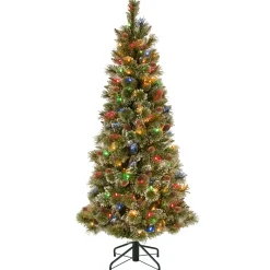 5Ft - 6Ft-National Tree Company Pre-Lit Artificial Slim Christmas Tree, Glittering Pine, Green, Multicolor Lights, Decorated With Pine Cones, Ball Ornaments, Includes Stand, 5 Feet