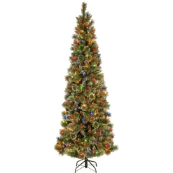 National Tree Company Slim^Pre-Lit Artificial Slim Christmas Tree, Glittering Pine, Green, Multicolor Lights, Decorated With Pine Cones, Ball Ornaments, Includes Stand, 9 Feet