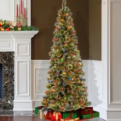 National Tree Company Slim^Pre-Lit Artificial Slim Christmas Tree, Glittering Pine, Green, Multicolor Lights, Decorated With Pine Cones, Ball Ornaments, Includes Stand, 9 Feet