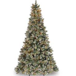 7Ft - 9Ft-National Tree Company Pre-Lit Artificial Slim Christmas Tree, Green, Glittery Bristle Pine, White Lights, Flocked With Pine Cones, Frosted Branches, Includes Stand, 9 Feet