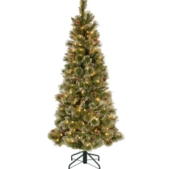 National Tree Company Slim^Pre-Lit Artificial Slim Christmas Tree, Glittering Pine, Green, White Lights, Decorated With Pine Cones, Includes Stand, 5 Feet