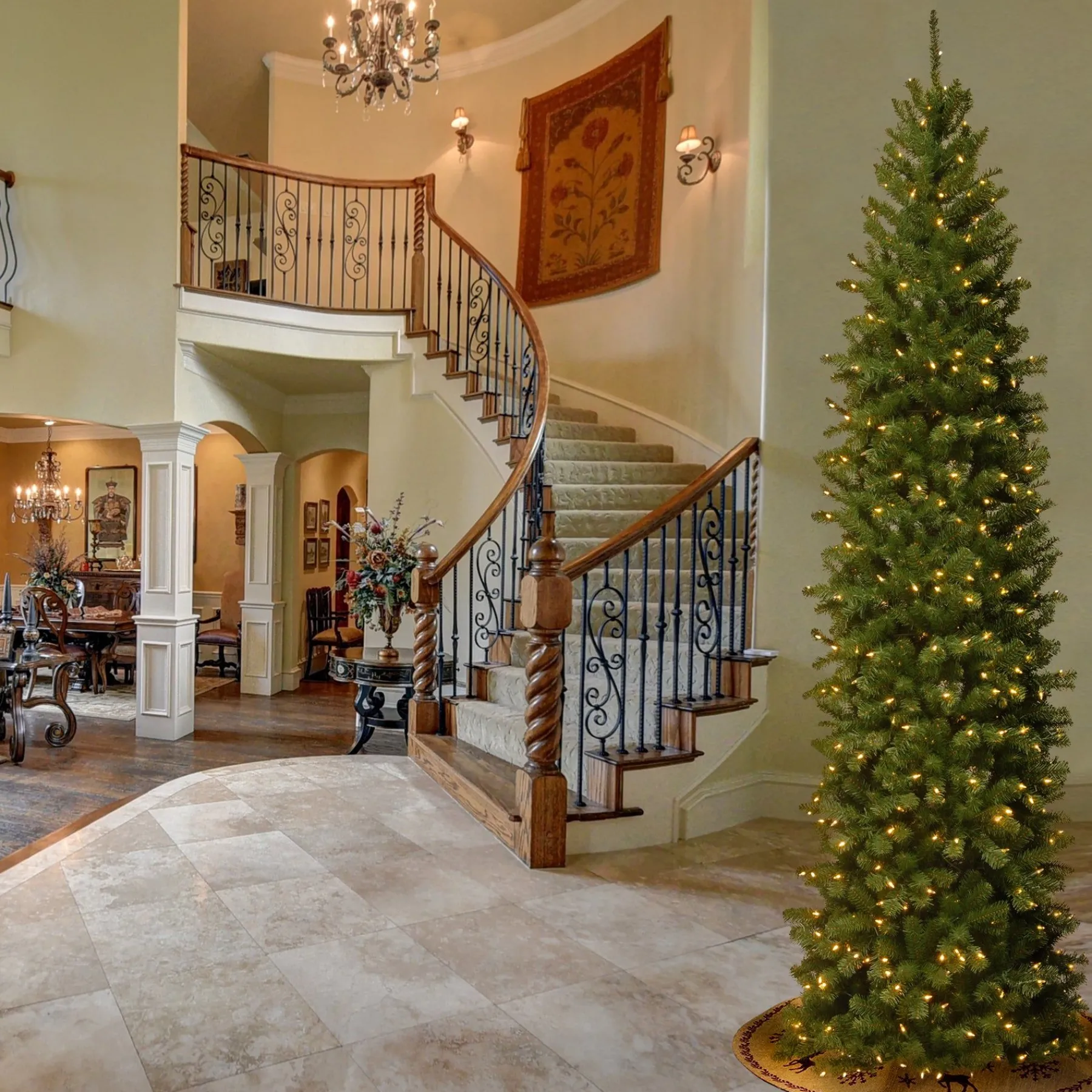 7Ft - 9Ft-National Tree Company Pre-Lit Artificial Slim Christmas Tree, Green, North Valley Spruce, White Lights, Includes Stand, 9 Feet