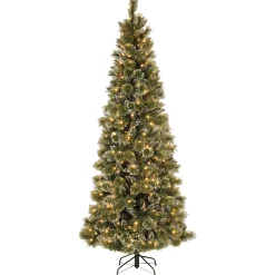 Slim-National Tree Company Pre-Lit Artificial Slim Christmas Tree, Green, Glittery Bristle Pine, White Lights, Includes Stand, 7.5 Feet
