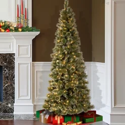 Slim-National Tree Company Pre-Lit Artificial Slim Christmas Tree, Green, Glittery Bristle Pine, White Lights, Includes Stand, 7.5 Feet