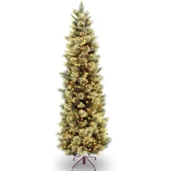 Slim-National Tree Company Pre-Lit Artificial Slim Christmas Tree, Green, Carolina Pine, White Lights, Includes Stand, 6.5 Feet