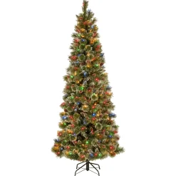 7Ft - 9Ft-National Tree Company Pre-Lit Artificial Slim Christmas Tree, Glittering Pine, Green, Multicolor Lights, Decorated With Pine Cones, Ball Ornaments, Includes Stand, 7 Feet