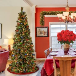 7Ft - 9Ft-National Tree Company Pre-Lit Artificial Slim Christmas Tree, Glittering Pine, Green, Multicolor Lights, Decorated With Pine Cones, Ball Ornaments, Includes Stand, 7 Feet