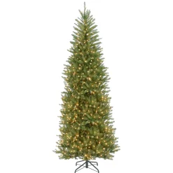 Clear-National Tree Company Pre-Lit Artificial Slim Christmas Tree, Green, Dunhill Fir, White Lights, Includes Stand, 10 Feet
