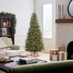 Slim-National Tree Company Pre-Lit Artificial Slim Christmas Tree, Green, White Lights, Includes Stand, 6.5 Feet