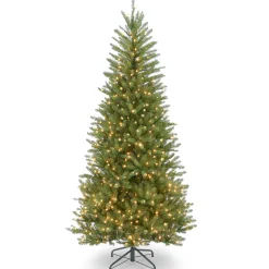 Slim-National Tree Company Pre-Lit Artificial Slim Christmas Tree, Green, White Lights, Includes Stand, 6.5 Feet