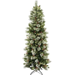 Slim-National Tree Company Pre-Lit Artificial Slim Christmas Tree, Wintry Pine, Green, White Lights, Decorated With Pine Cones, Includes Stand, 7.5 Feet