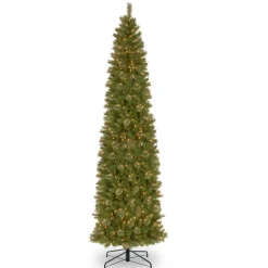Slim-National Tree Company Pre-Lit Artificial Slim Christmas Tree, Tacoma Pine, Green, White Lights, Includes Stand, 12 Feet