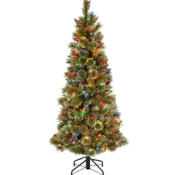 National Tree Company Slim^Pre-Lit Artificial Slim Christmas Tree, Glittering Pine, Green, Multicolor Lights, Decorated With Pine Cones, Ball Ornaments, Includes Stand, 5 Feet