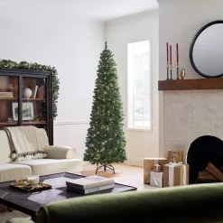 7Ft - 9Ft-National Tree Company Pre-Lit Artificial Slim Christmas Tree, Green, North Valley Spruce, White Lights, Includes Stand, 7.5 Feet