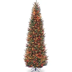 7Ft - 9Ft-National Tree Company Pre-Lit Artificial Slim Christmas Tree, Green, Natural Fraser Fir, Multicolor Lights, Includes Stand, 9 Feet