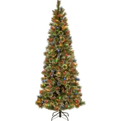 National Tree Company Slim^Pre-Lit Artificial Slim Christmas Tree, Glittering Pine, Green, Multicolor Lights, Decorated With Pine Cones, Ball Ornaments, Includes Stand, 7 Feet