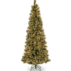 5Ft - 6Ft-National Tree Company Pre-Lit Artificial Slim Christmas Tree, Green, Glittery Bristle Pine, White Lights, Includes Stand, 6.5 Feet