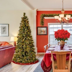 5Ft - 6Ft-National Tree Company Pre-Lit Artificial Slim Christmas Tree, Green, Glittery Bristle Pine, White Lights, Includes Stand, 6.5 Feet