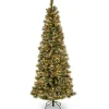 National Tree Company Slim^Pre-Lit Artificial Slim Christmas Tree, Glittering Pine, Green, White Lights, Decorated With Pine Cones, Includes Stand, 7 Feet